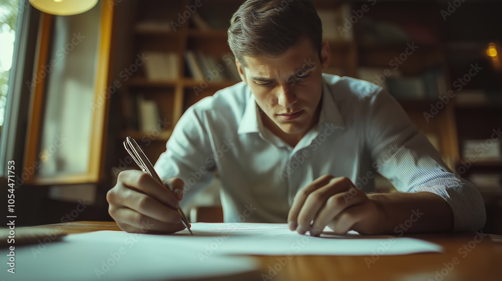 Concentrated young professional taking notes in a library office during a meeting, displaying his skill and focus in the corporate environment Concentrated young professional taking notes in a library office during a meeting, displaying his skill and focus in the corporate environment