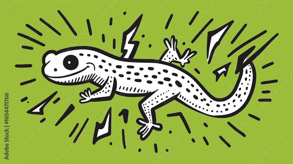 Obraz premium A cheerful gecko with electric sparks on a vibrant green background