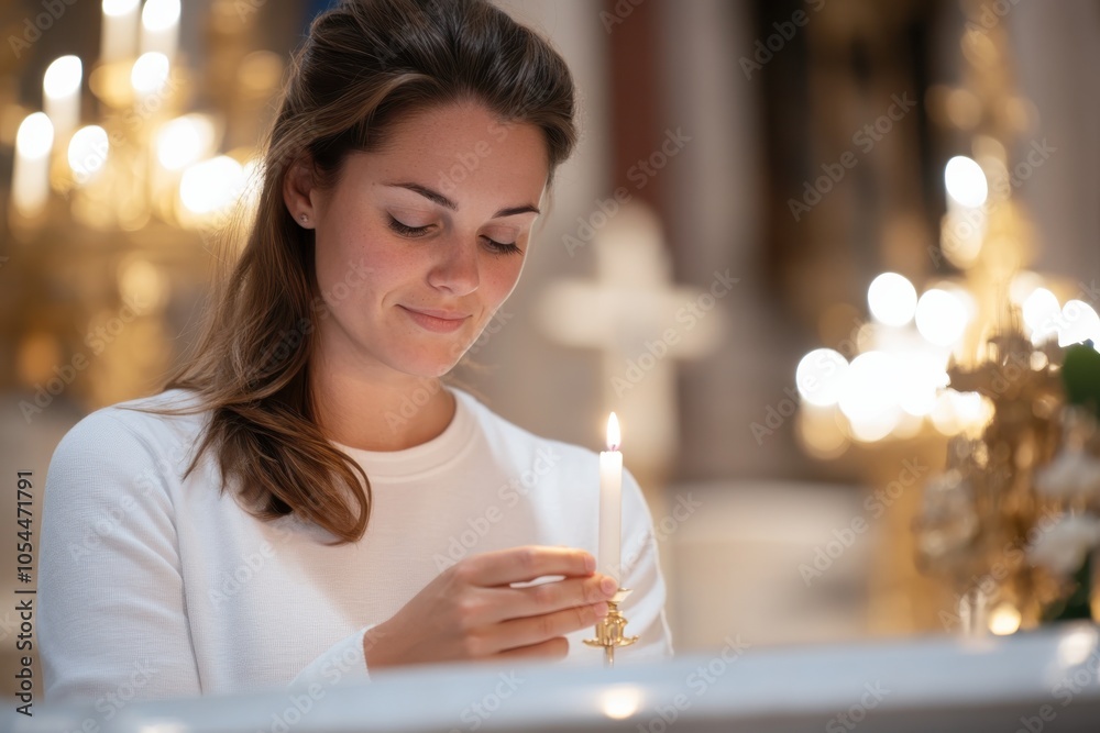 A woman in white gently holding a candle in a church-like setting, surrounded by soft, golden lights, expressing calmness, warmth, and a moment of reflection. A woman in white gently holding a candle in a church-like setting, surrounded by soft, golden lights, expressing calmness, warmth, and a moment of reflection.