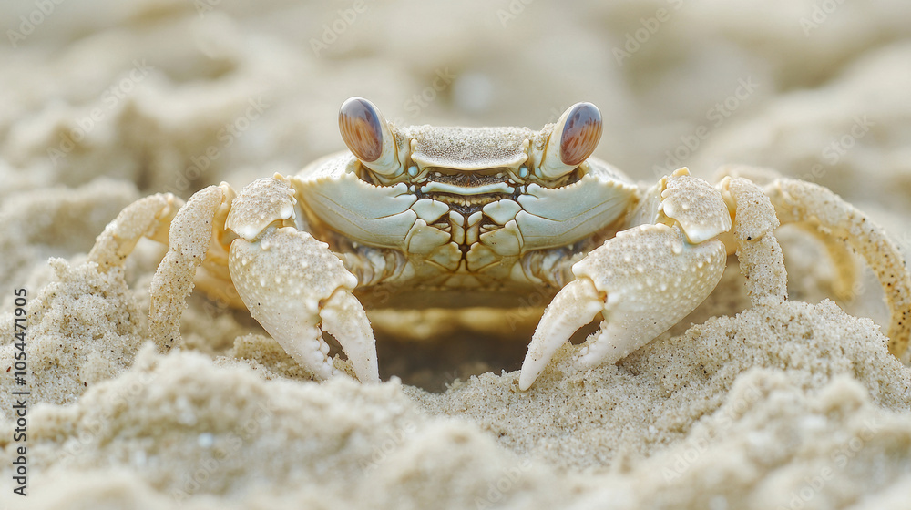 Small ghost crab peeks out of its burrow in white sand on a sunny beach, showcasing its intricate details and captivating presence Small ghost crab peeks out of its burrow in white sand on a sunny beach, showcasing its intricate details and captivating presence