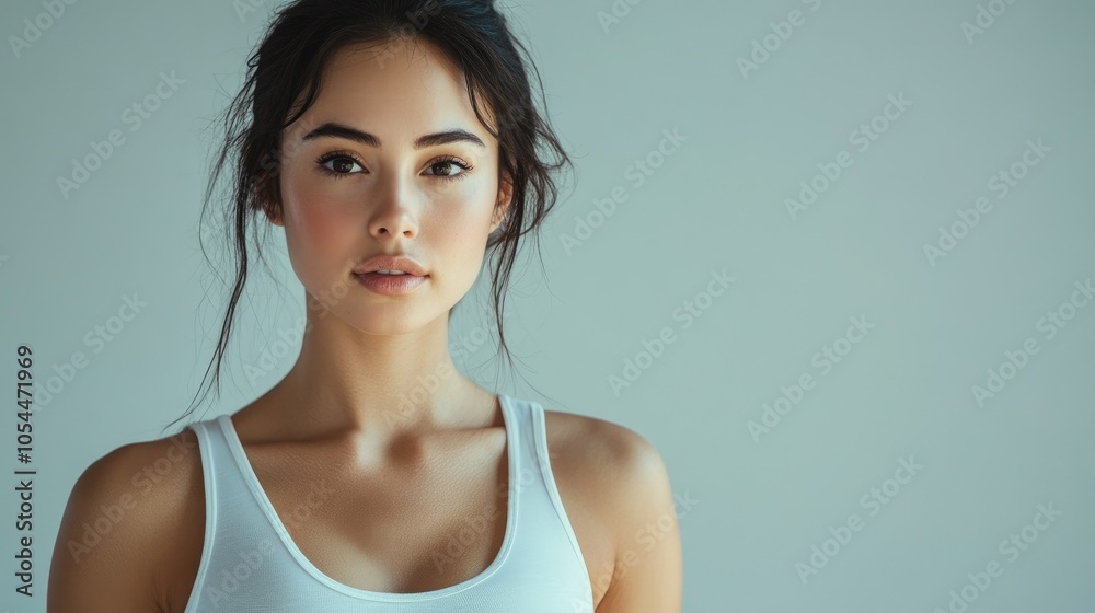 Beautiful woman in white T-shirt Female breast dark background Beautiful woman in white T-shirt Female breast dark background
