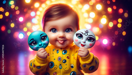 Bebê Brincalhão com Máscaras Representando Signo do Zodíaco de Gêmeos