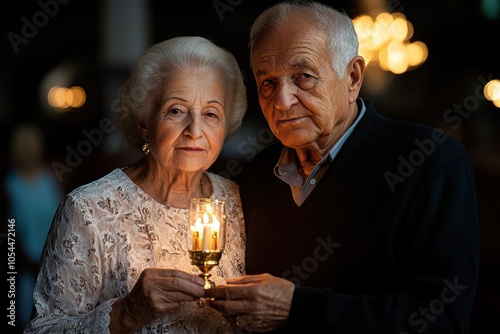 An elderly couple stands closely together holding a lit candle, symbolizing warmth and togetherness, in a dim room with a gentle, nostalgic ambiance. photo