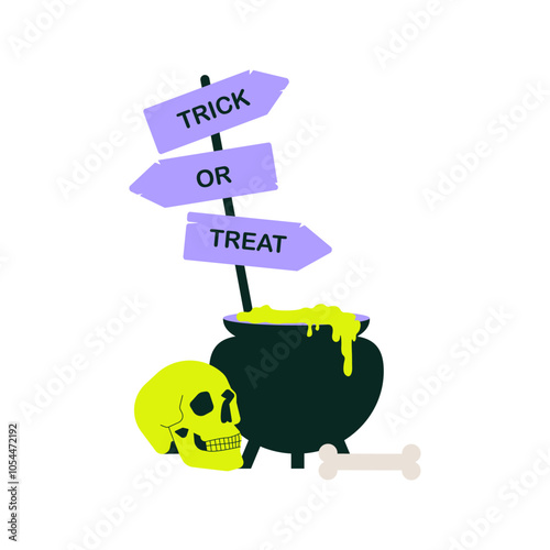 Trick or treat sign with cauldron, skull, and bone symbolizing Halloween, flat vector illustration about spooky holiday decor, Halloween symbols, and trick or treating, isolated on white