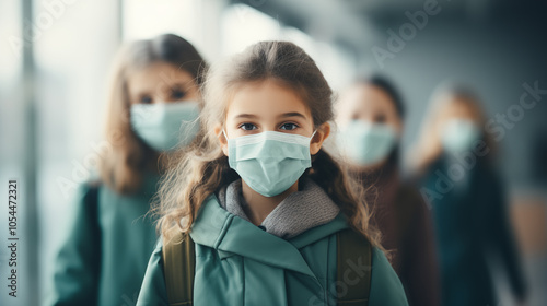 Students in protective masks, healthcare concept