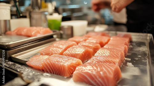 Chef in professional kitchen preparing fresh salmon fillets for cooking