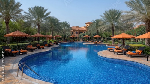 A resort pool with palm trees and lounge chairs.