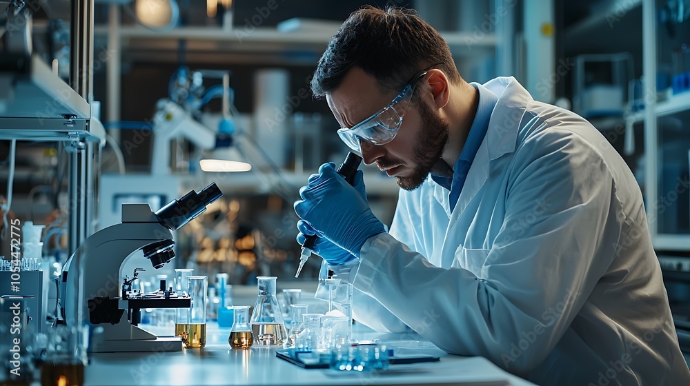 Researcher analyzing a histological biopsy sample in a laboratory environment. Researcher analyzing a histological biopsy sample in a laboratory environment.