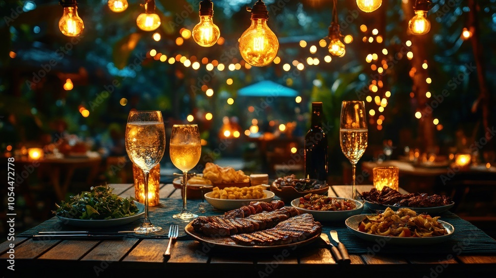 A romantic dinner for two with grilled steak, salad, and wine under twinkling string lights. A romantic dinner for two with grilled steak, salad, and wine under twinkling string lights.