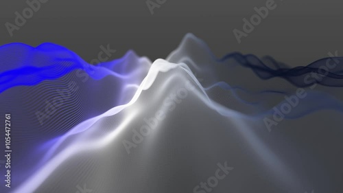 Futuristic dot wave. Abstract digital particle wave. Technological background. Colorful music wave. Light background. Digital background with smooth wavy curves. 3D rendering. 4K animation