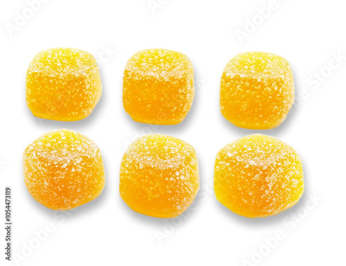 Six yellow gummy cubes isolated transparent background candy sweets dessert treat snack food sweet