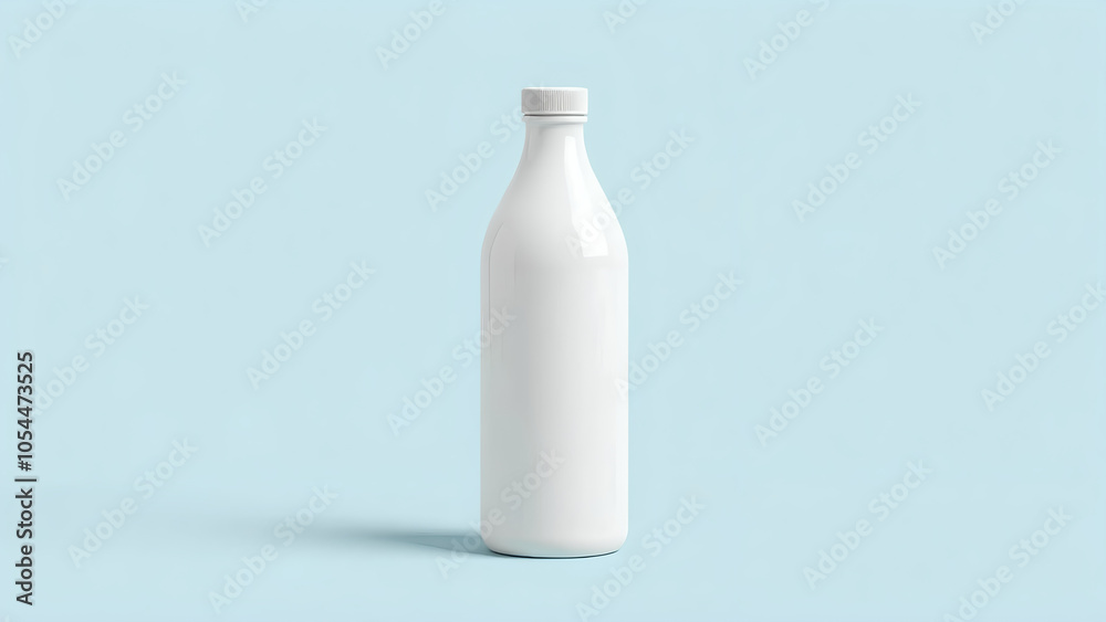 Simple white bottle on a light blue background with soft shadows