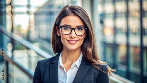 Confident young businesswoman with glasses in a modern office building, smiling professionally. She radiates ambition and intelligence, dressed in formal attire, symbolizing career growth and success.