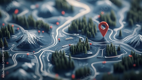 A colorful map featuring a pin, showcasing diverse geographic elements like deserts, oceans, and urban areas with clear travel routes.

