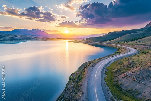 Serene lake bordered by a winding road during sunset