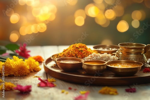 festive indian cuisine, indian thali on wooden board in modern kitchen with diwali decor, creating a vibrant background with space for text photo