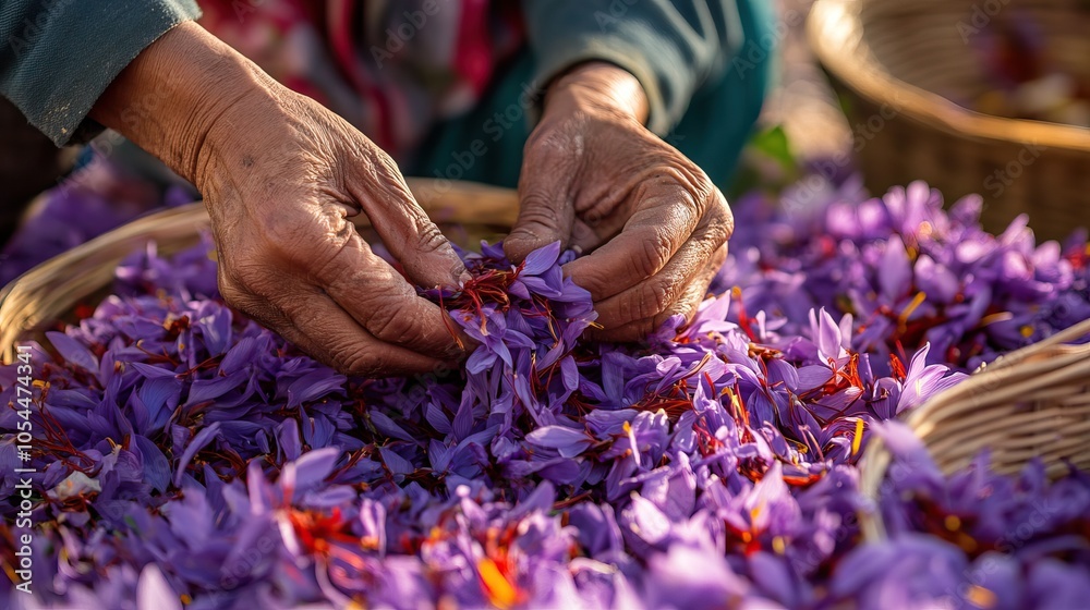 Hands of Elderly Farmer Harvesting Fresh Saffron Crocus Flowers with Basket of Purple Petals Hands of Elderly Farmer Harvesting Fresh Saffron Crocus Flowers with Basket of Purple Petals