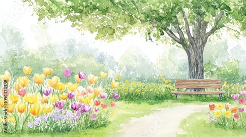 Fototapeta Naklejka Na Ścianę i Meble -  Illustrated serene garden with a wooden bench, surrounded by blooming flowers and lush greenery under soft sunlight.
