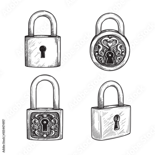 Vintage padlocks set. Hand drawn sketch style safety symbol. Vintage retro collection. Vector illustration isolated on white.
