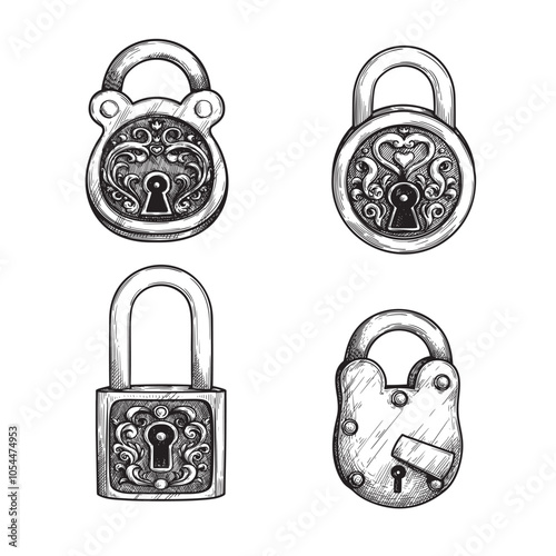 Vintage padlocks set. Hand drawn sketch style safety symbol. Vintage retro collection. Vector illustration isolated on white.