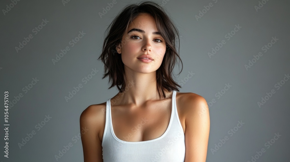 Beautiful woman in white T-shirt Female breast dark background Beautiful woman in white T-shirt Female breast dark background