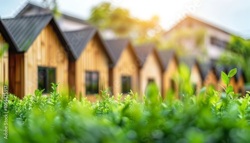 Affordable Housing Concept with Row of Wooden Houses Generative AI photo