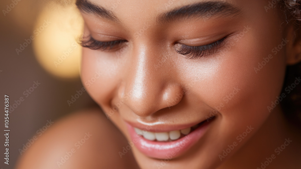 Close-up of a young Black woman with curly hair, softly smiling. Her glowing skin and long eyelashes highlight a warm, intimate moment. Close-up of a young Black woman with curly hair, softly smiling. Her glowing skin and long eyelashes highlight a warm, intimate moment.