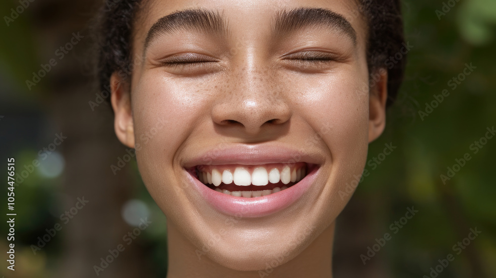 A joyful young woman of mixed ethnicity beams with a radiant smile, showcasing her clear skin and freckles, bathed in natural light against a lush green background. A joyful young woman of mixed ethnicity beams with a radiant smile, showcasing her clear skin and freckles, bathed in natural light against a lush green background.