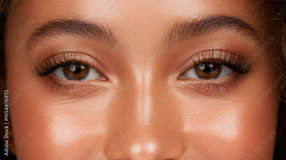 Fototapeta premium Close-up portrait of a young girl of mixed ethnicity with beautiful brown eyes and radiant skin, capturing a warm and joyful expression.