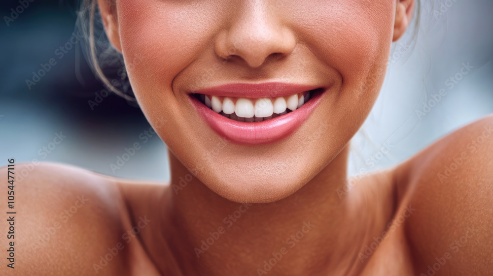 A close-up portrait of a smiling young woman, showcasing her radiant skin and perfectly aligned white teeth, against a softly blurred background. A close-up portrait of a smiling young woman, showcasing her radiant skin and perfectly aligned white teeth, against a softly blurred background.