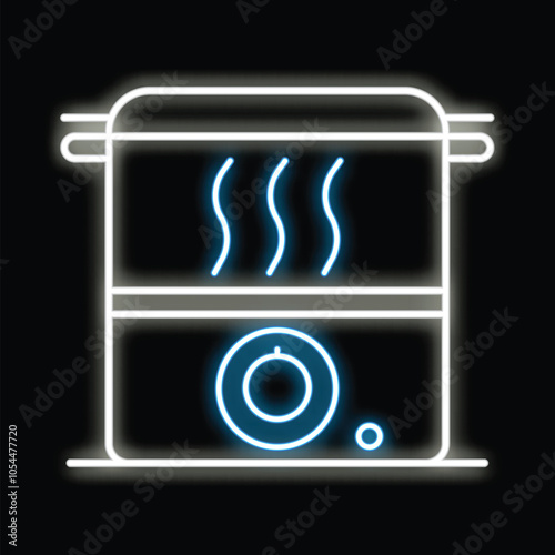 Blue neon icon of a double boiler glowing on black background