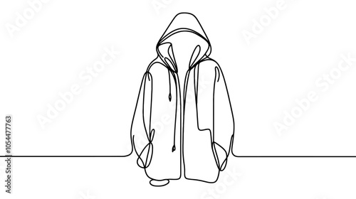 One continuous line illustration of a raincoat, isolated on white background.