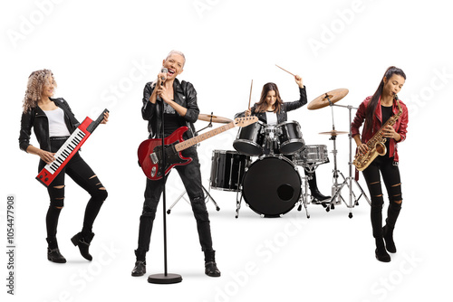 Female music band with a sax, guitairst, drummer and a keytar player photo