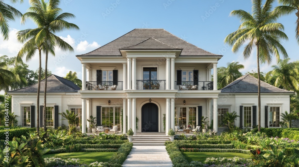 A large white house with columns and a balcony, surrounded by palm trees and lush landscaping. A large white house with columns and a balcony, surrounded by palm trees and lush landscaping.