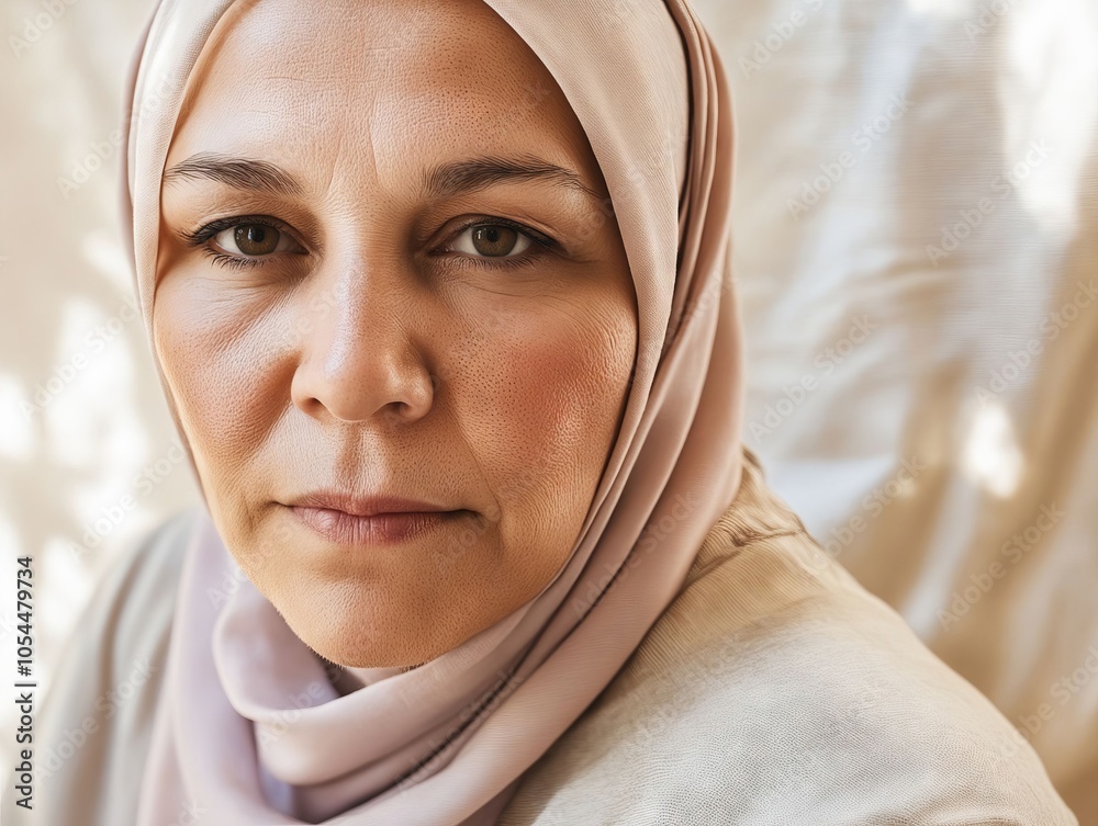 A woman wearing a headscarf looking at the camera A woman wearing a headscarf looking at the camera