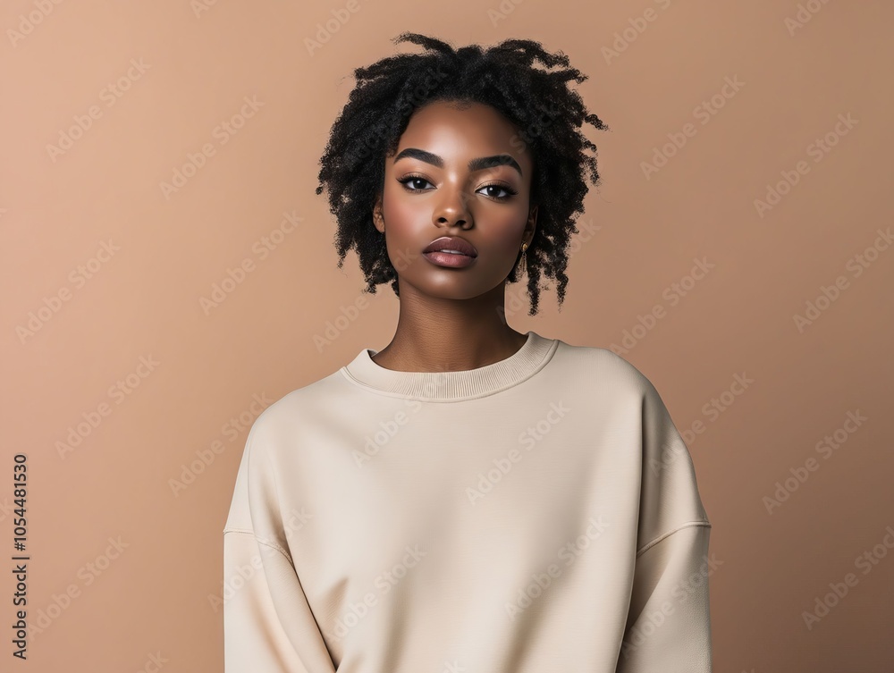 A woman in a beige sweatshirt poses for a picture A woman in a beige sweatshirt poses for a picture