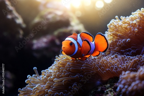 Close up of vibrant orange clownfish nestled within colorful sea anemone tentacles showcasing underwater marine life with warm lighting and delicate texture detail in a coral reef environment