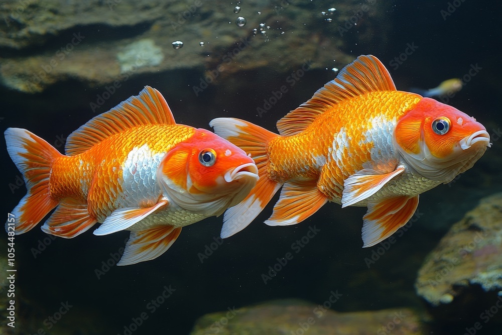 Pair of bright orange goldfish swimming together in a greenish aquarium surrounded by aquatic plants and rocks symbolizing companionship and harmony in a naturalistic aquarium setting Pair of bright orange goldfish swimming together in a greenish aquarium surrounded by aquatic plants and rocks symbolizing companionship and harmony in a naturalistic aquarium setting