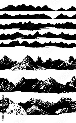 Big set of mountains. Image of black silhouette isolated on white background. Vector composition seamless. Tales and stones. Mountain landscape. View from afar.