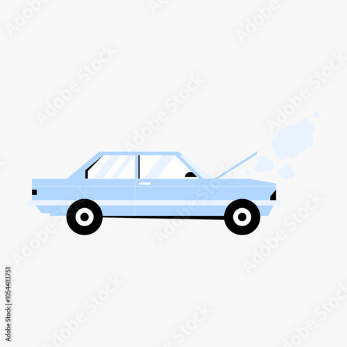 Broken car with smoke coming from the hood in flat vector illustration symbolizing vehicle breakdown and repair, isolated on white background.