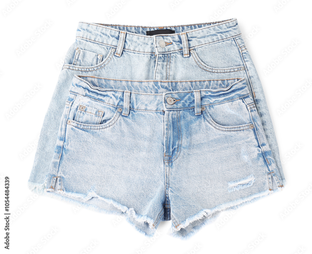 Stylish light blue denim shorts isolated on white, top view Stylish light blue denim shorts isolated on white, top view