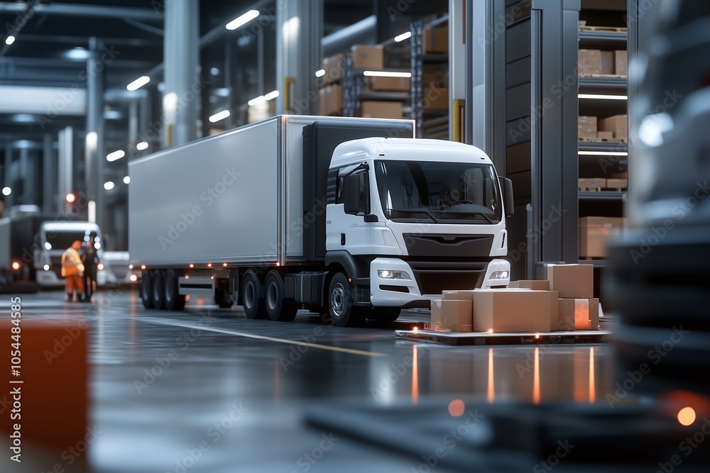 logistics warehouse, packages and boxes stacked neatly, loading docks, delivery trucks parked