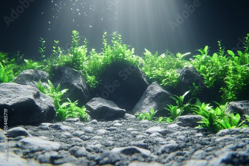 Lush underwater aquarium scene featuring a cluster of green plants on rocks illuminated by a focused light beam creating a vibrant and serene natural habitat photo