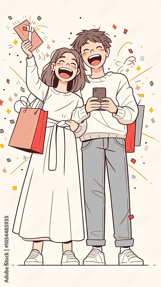 Happy couple celebrating shopping with gift bags and smartphone Happy couple celebrating shopping with gift bags and smartphone
