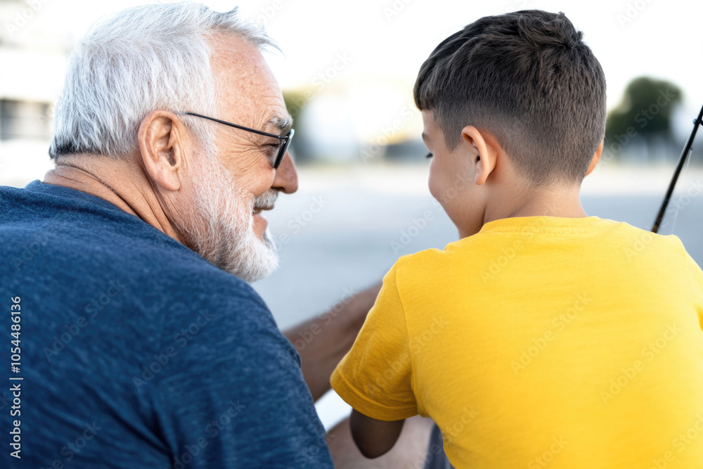 Grandfather and grandson bonding during a joyful fishing trip day outdoors Grandfather and grandson bonding during a joyful fishing trip day outdoors