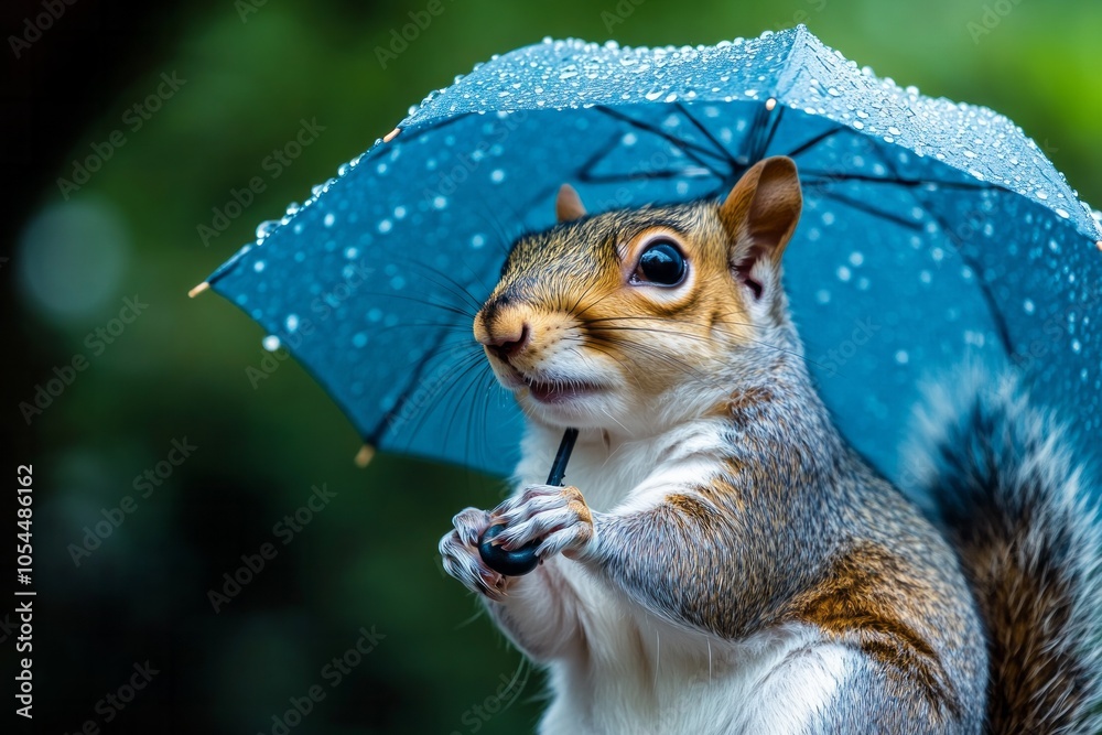 Squirrel with Blue Umbrella in the Rain