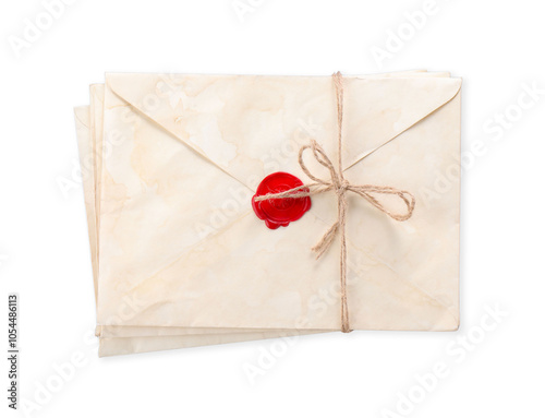 Stack of old letters with wax stamps on light grey background, top view