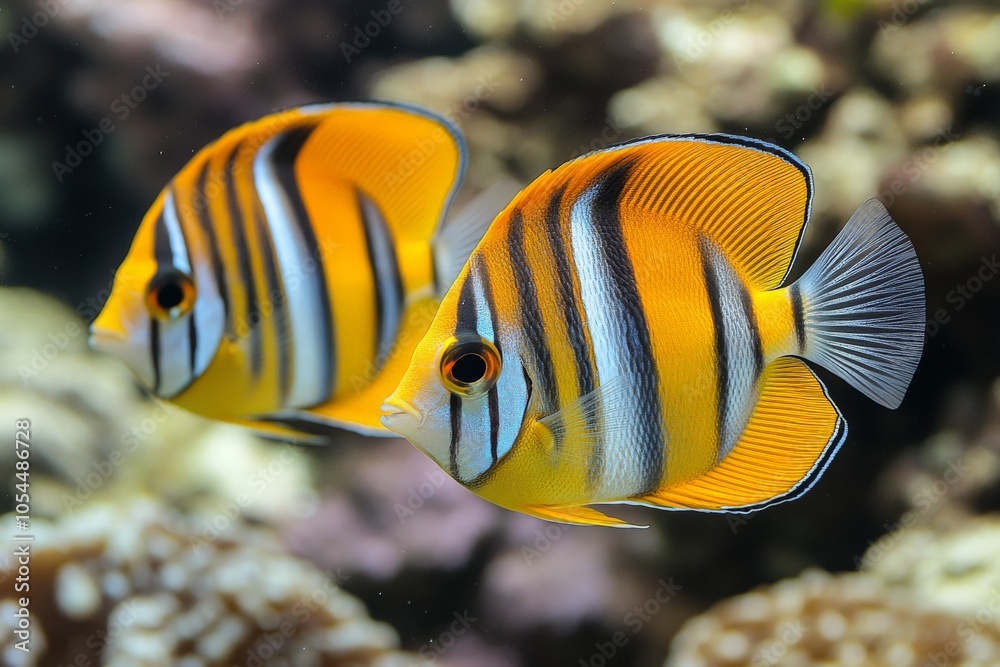 Fototapeta premium Pair of vividly patterned butterflyfish with bold yellow orange and white stripes swimming together representing unity and movement in a coral reef setting with natural sunlight
