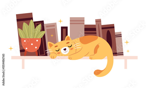 A red cat is sleeping on a bookshelf.Cute kitty sleeping on books