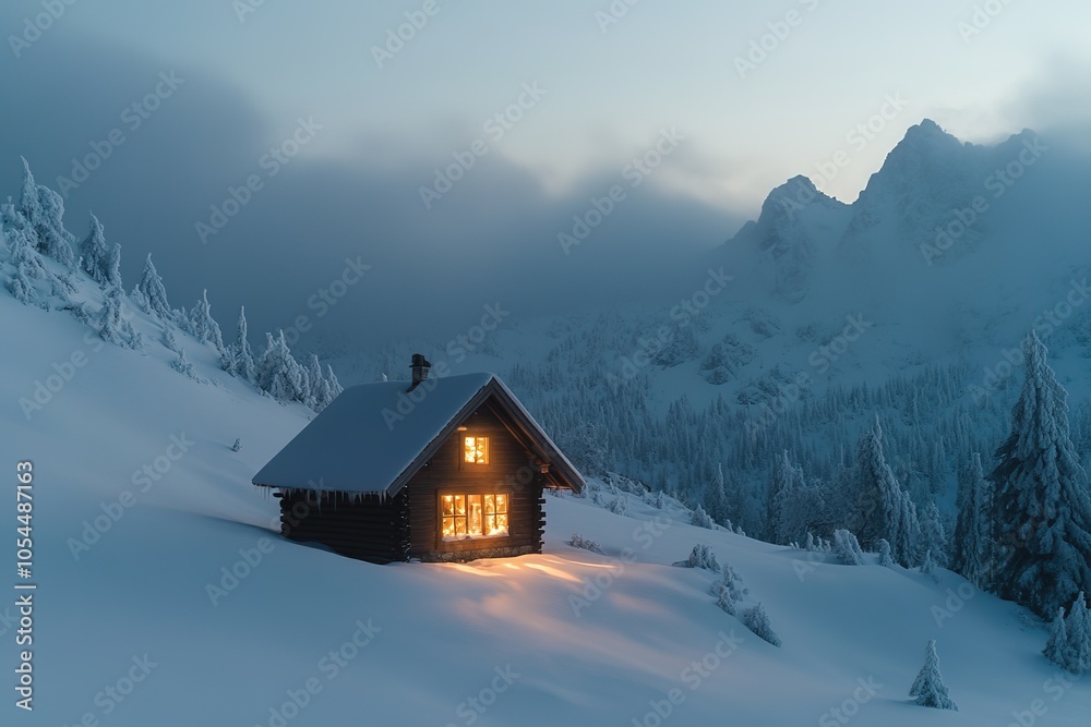 Cozy cabin lit at dusk amidst snowy landscape